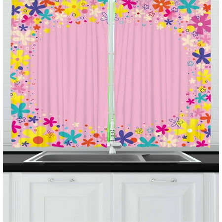 Kids Party Curtains 2 Panels Set, Girls Birthday Design with Doodle Style Blooming Flowers on Pink Backdrop, Window Drapes for Living Room Bedroom, 55W X 39L Inches, Pink Multicolor, by