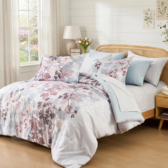 Regency Heights Full Size Comforter Sets, Blush Bed in a Bag Full, Botanical Bedding Comforter Set with Bed Sheets and Side Pockets, 9 Pieces