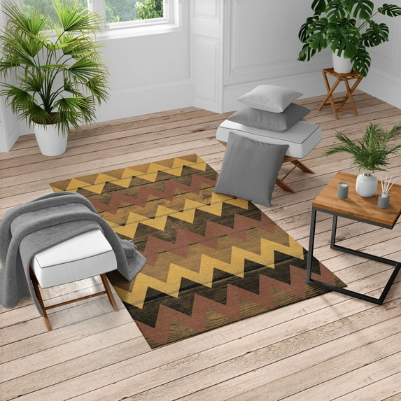 Chevron Turkish Area Rug, Zig Zag Lines Pattern on Wooden Looking Background Rustic Home Print, Soft Carpet for Living Room Decor with Distressed Look, 6.6' X 9.6', Pale Chocolate, by Ambesonne