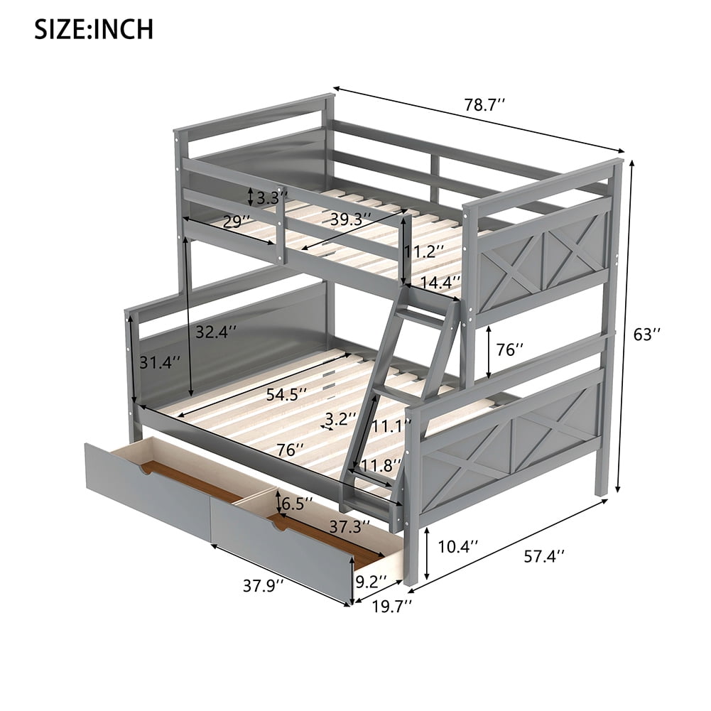 Kadyn Twin over Full Bunk Bed with Ladder, Two Storage Drawers, Safety Guardrail, Gray