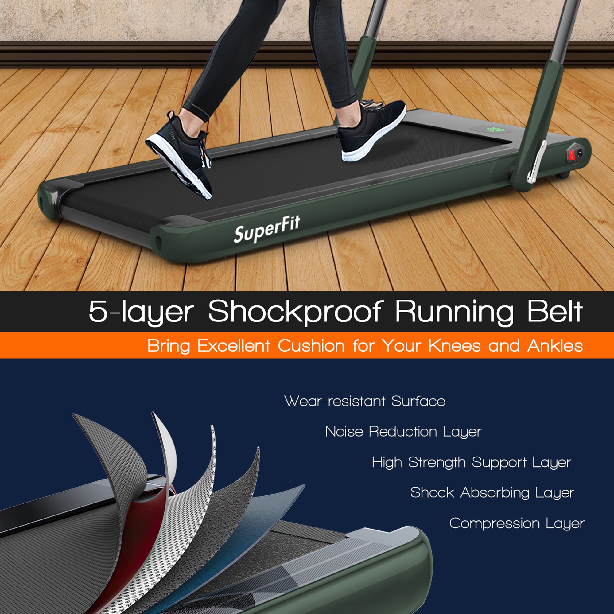 Costway 2.25HP 2 in 1 Folding Under Desk Treadmill up to 7.5MPH with Remote Control APP Green
