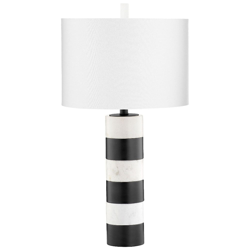 Contemporary 1 Light Table Lamp with Stripped White Marble and Metal Pillar  Base with Round White Drum Shade Moore Covert One Light Table Lamp -  
