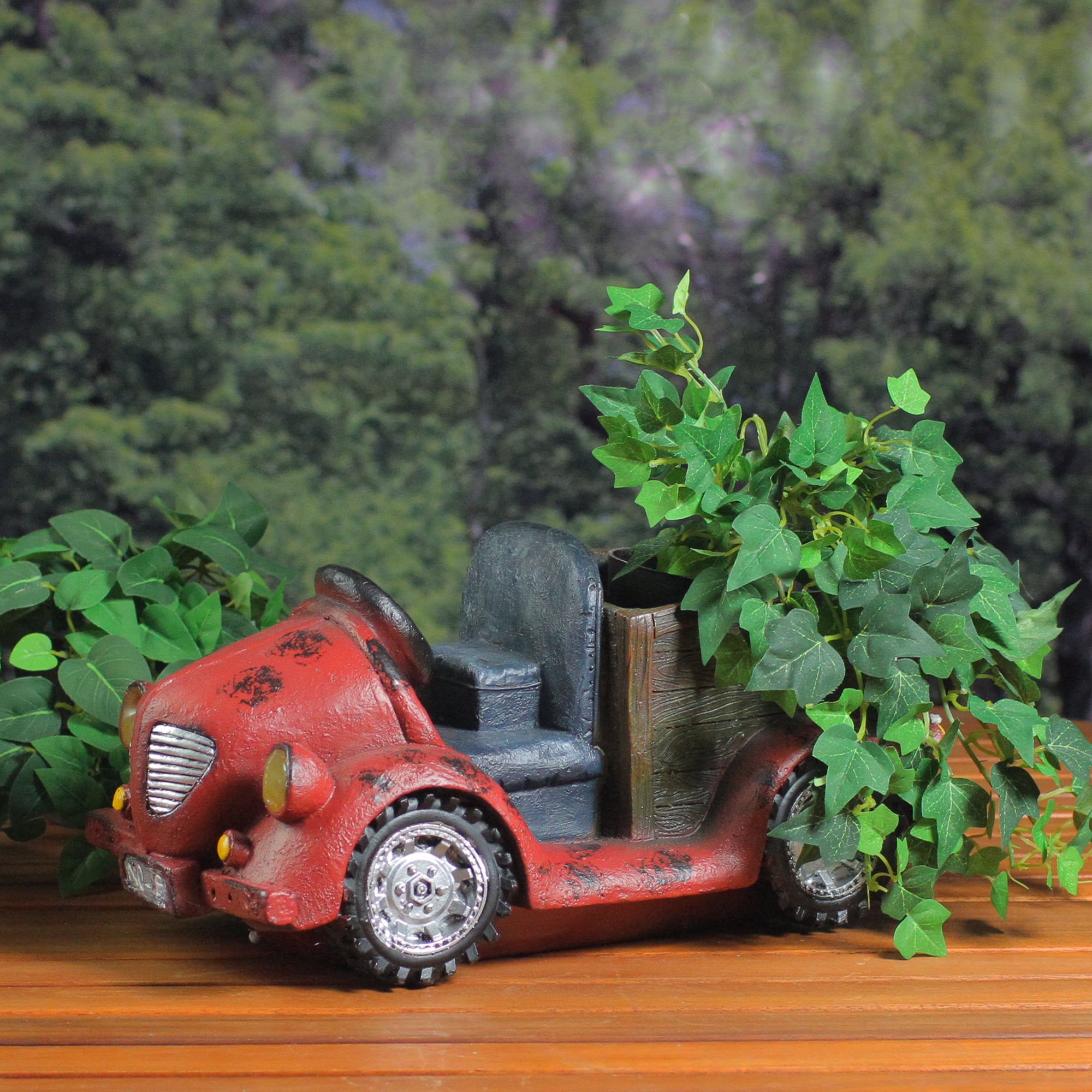 14.5" Distressed Red Vintage Car LED Lighted Solar Powered Outdoor Garden Patio Planter