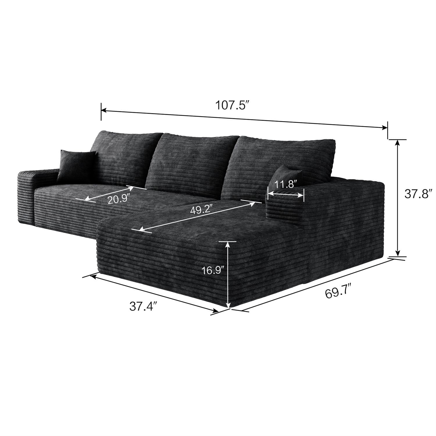 Demi Bonn Modern 107" Cloud Sectional Sofa, L-Shape Chaise, Deep Seat Modular Couch for Living Room & Bedroom, No Assembly Needed, Black