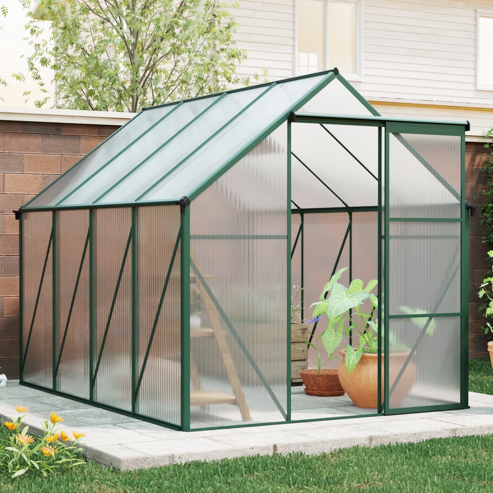 Enyopro 6 x 8 Walk-in Greenhouse Kit for Outdoors, Polycarbonate Green House with Sliding Door, Rain Gutter & Aluminum Frame, Large Plant Grow House for Backyard, Patio, Garden