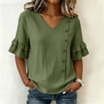 thumbnail image 6 of Ashirexll Short Sleeve Shirts for Women Summer Solid Color V-Neck Three Quarter Pleated Sleeve Button Down Slit Top T-Shirt, 6 of 7