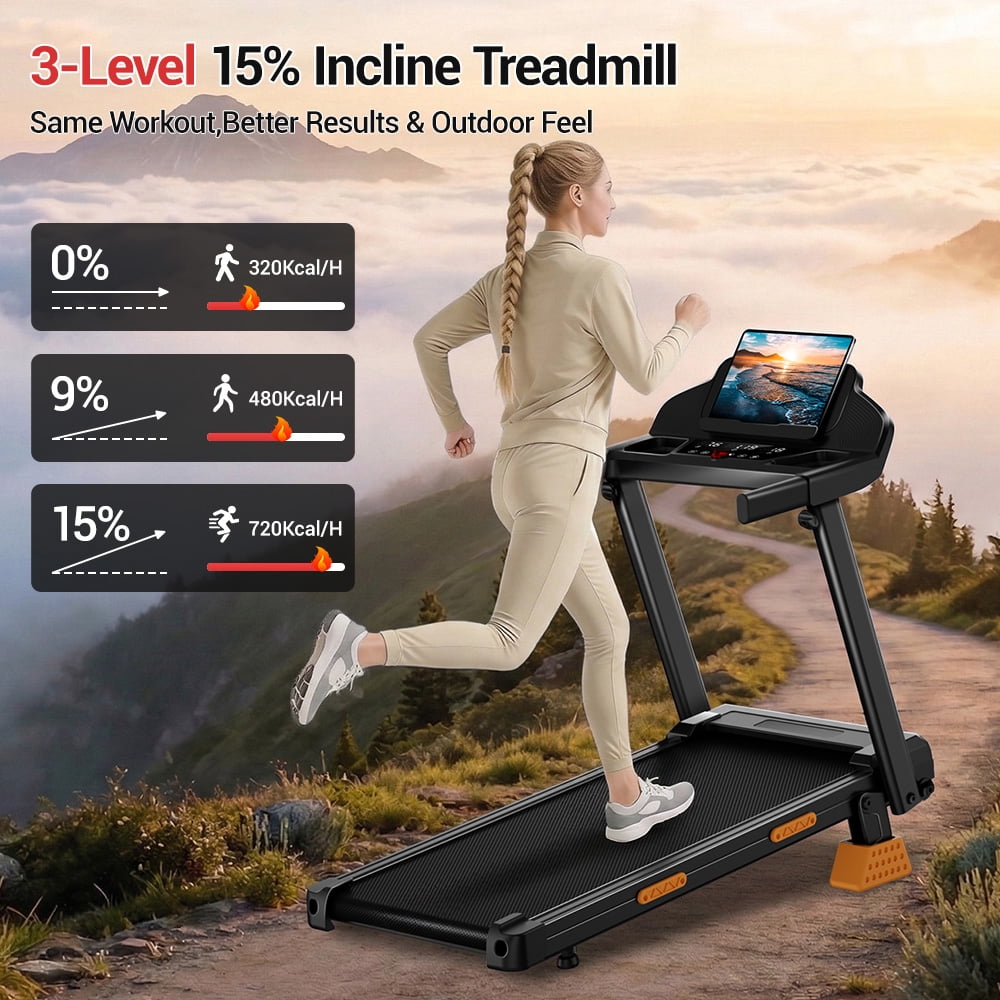 CURSOR FITNESS 4-in-1 15% Incline Folding Treadmill for Home, 3.0HP Quiet Motor with 7-Layer Shock Absorption, 300 lbs Capacity, 3 LED Displays with Handrails