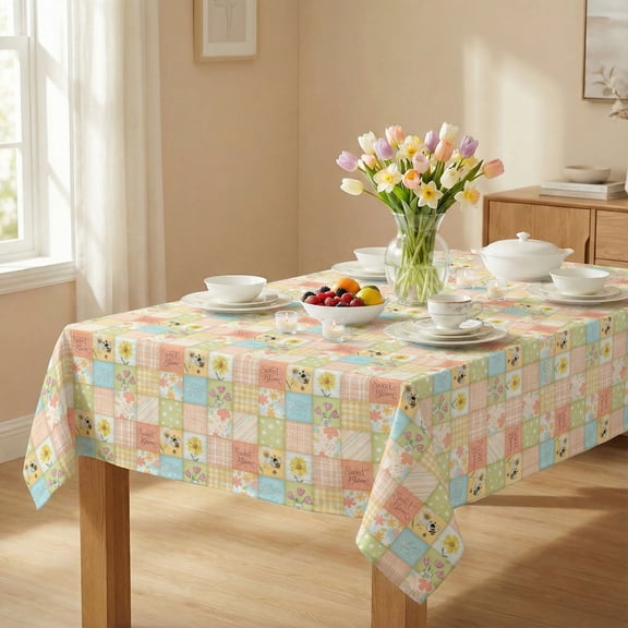 Sm:)e Puzzle Checkerwork Spring Tablecloth - 60x84 Inch, Sweet Bloom Daisy Bee Floral Polyester, Machine Washable & Reusable Table Cover for Indoor & Outdoor Use