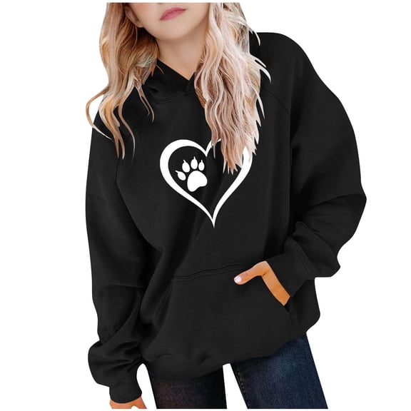 Hrsba Girls Boys Hooded Sweatshirt Hooded Shirt Jacket Unisex Fall Winter Top Long Sleeve Raglan Sleeve Hooded Sweatshirt for 5-15 Years Kids Winter Heart Print with Pockets