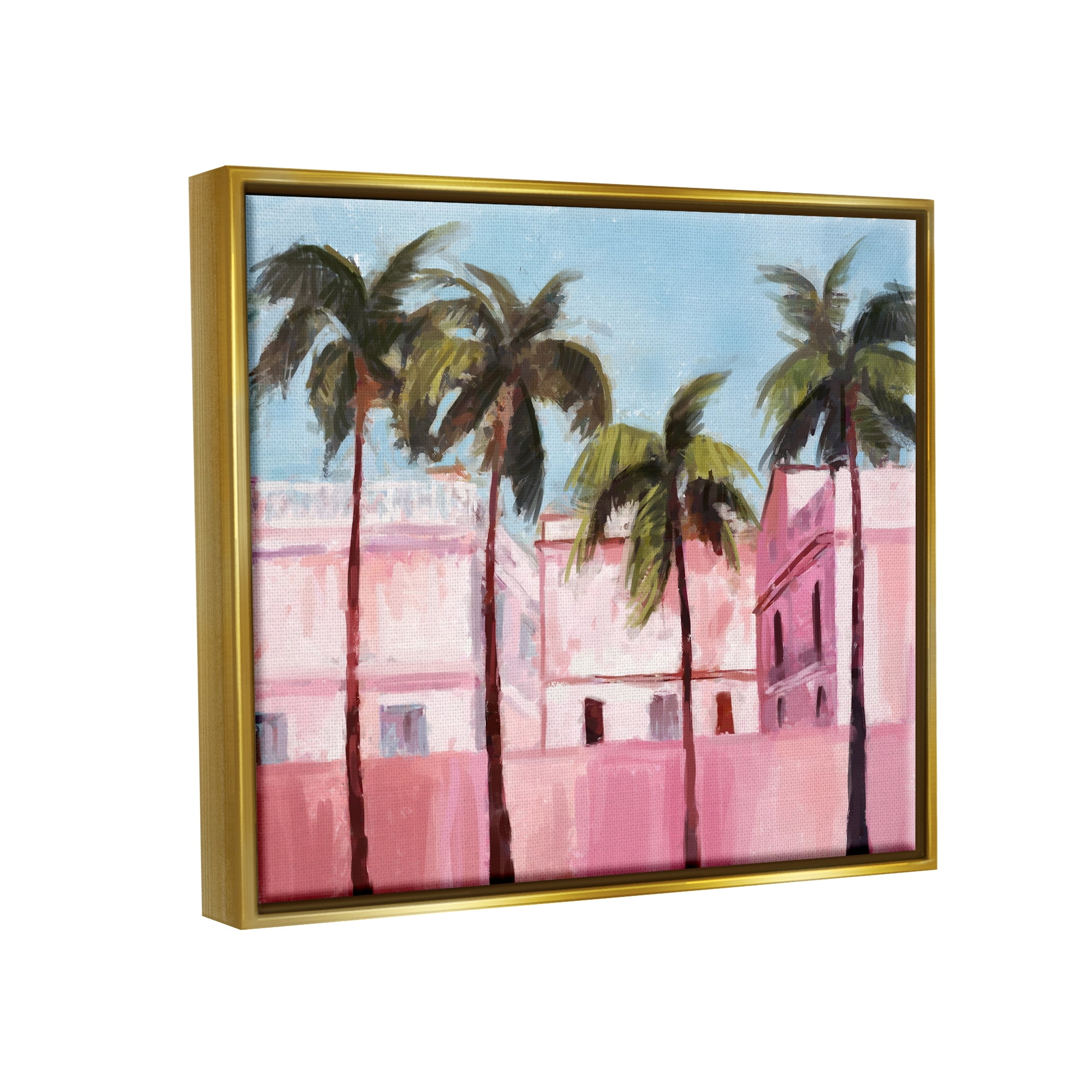 Stupell Industries Tropical Pink Buildings Botanical & Floral Painting Gold Floater Framed Canvas Art Print Wall Art, 21 x 17