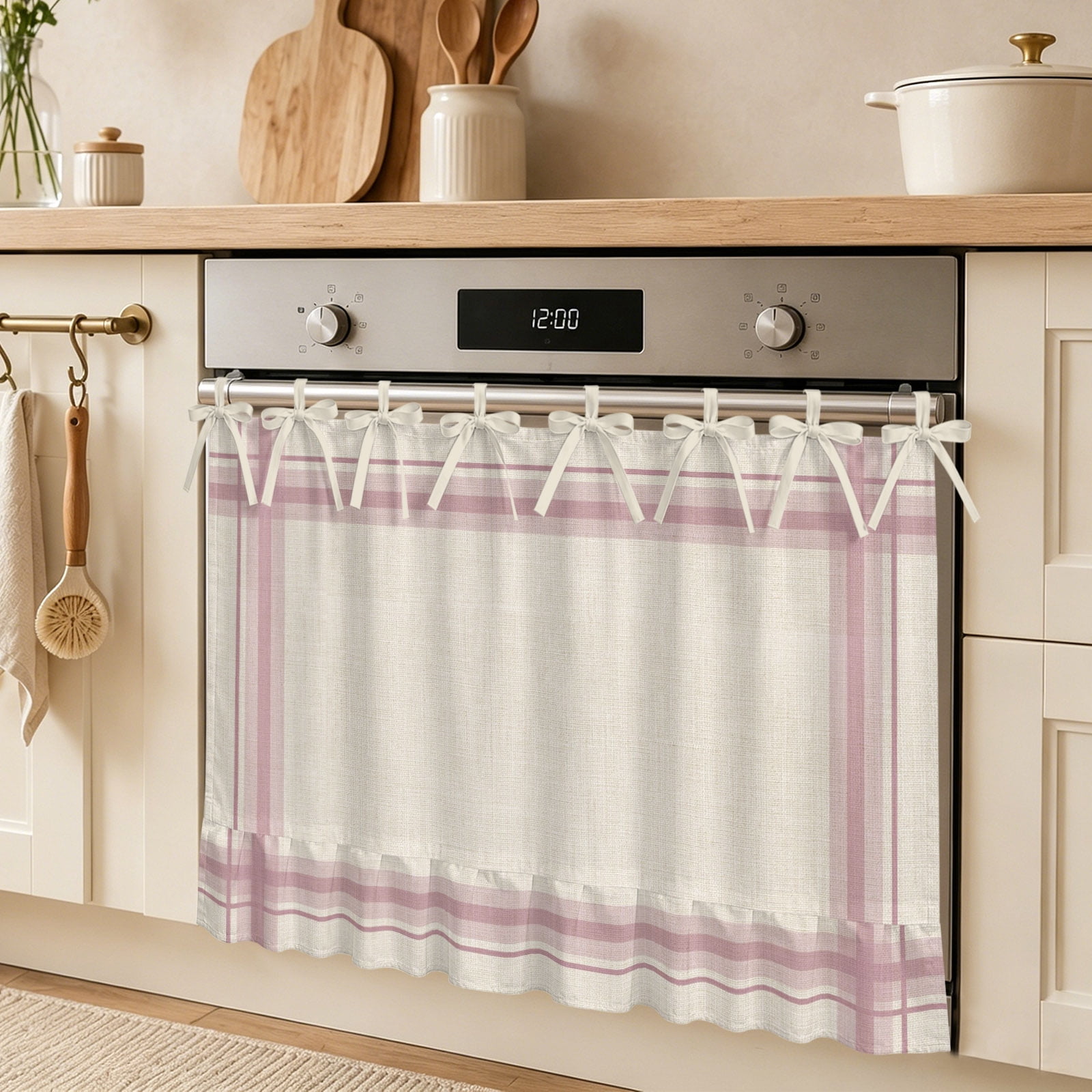 Vintage Pink Checkered Oven Skirt Curtain Country Rustic Minimalist Farmhouse Grid Tie Top Tier Curtains Stove Dishwasher Skirt Small Window Drapes for Kitchen Bathroom Cafe 27 x20