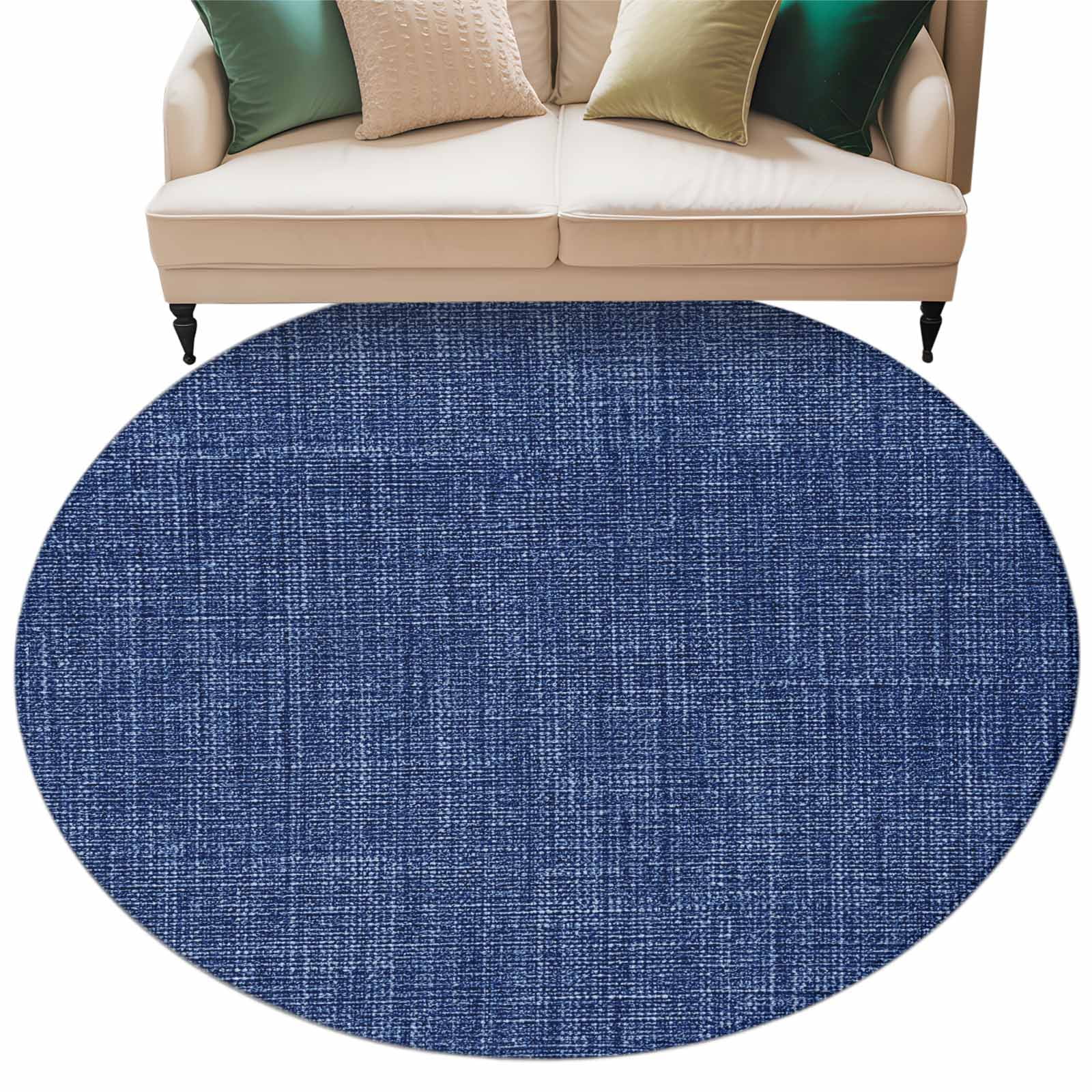 Vintage Navy Blue Round Area Rug 5 FT,Non Slip Bedroom Area Rug,Farmhouse Retro Dark Solid Color Linen Texture Washable Soft Circular Carpet Floor Mat for Kitchen Dining Room Foyer Balcony Dorm