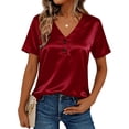 thumbnail image 2 of HongQid Women's Satin V Neck Short Sleeve Satin Button Blouse Business Casual Top Spring Summer, 2 of 8