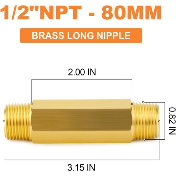 YNTVV-Brass Long Nipple, 1/2 NPT brass nipple, 3" Length Brass Pipe Fitting(2Pcs)