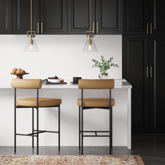 Nathan James Dahlia Counter Height Chair, Modern Barstool with Back, Mid-Century Metal Legs and Leather Padded Cushion for Kitchen, Island and Bars, Brown/Black, Set of 2