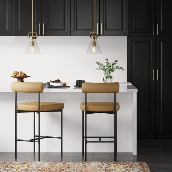 Nathan James Dahlia Counter Height Chair, Modern Barstool with Back, Mid-Century Metal Legs and Leather Padded Cushion for Kitchen, Island and Bars, Brown/Black, Set of 2