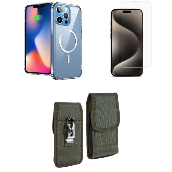 Bemz Phone Case for iPhone 15 Pro with Magnetic Charging Slim Shock Absorbent Silicone Cover, Screen Protector, Vertical Rugged Nylon Belt Holster Clip Pouch [Soft Inner Lining] (Clear)