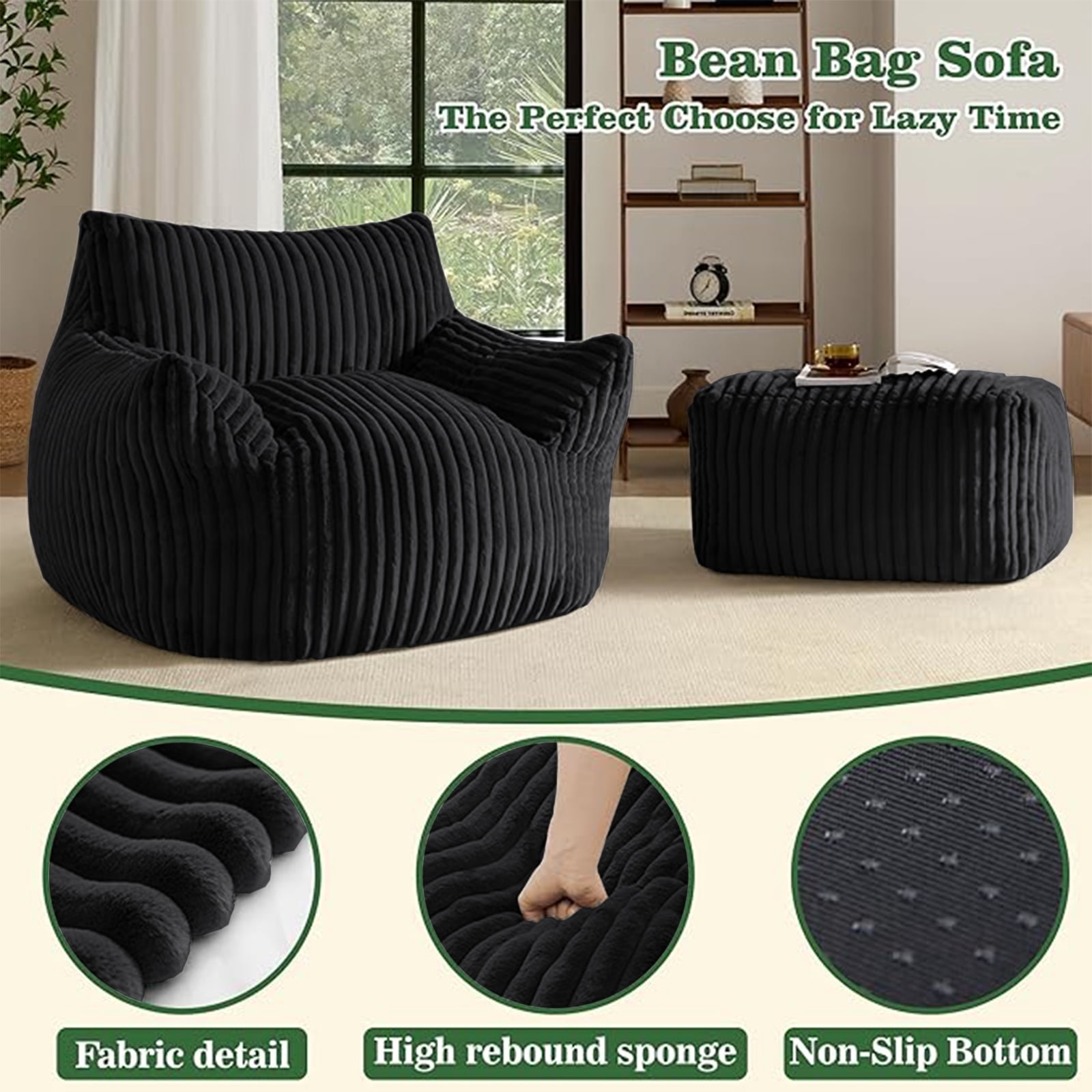 Sofa Chair with Ottoman, 5-Zone Ergonomic Support Suede Chair, High-Rebound Foam and Wide Armrests, Compact Boxed Delivery for Small Apartments, Black