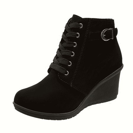 

XGZFP1 Everyday Comfy & Versatile Womens Chic Solid Color Platform Ankle Boots with Smooth Side Zipper Fashion Buckle Belt and Round Toe Wedge Heel