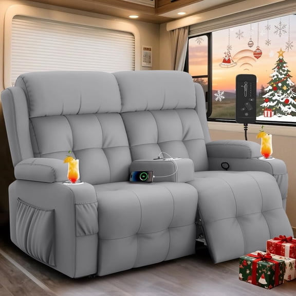 RV Loveseat Recliner, Massage Wall Hugger Recliners Sofa with USB, Side Pockets, Cup Holders and Removable Armrest, for RV and Home Theater, Light Gray