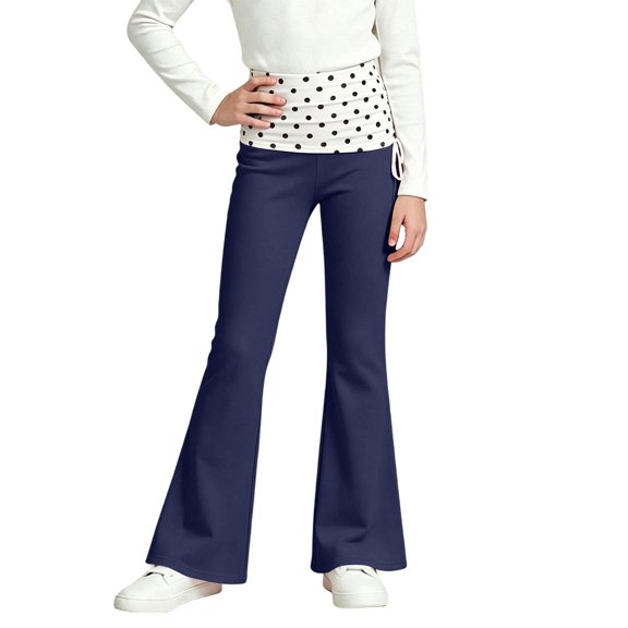 Trikvn Girls Yoga Pants Foldover Waist Polka Dot Flared Leggings Bell Bottom Activewear Casual Dance Comfy Trousers Stretch