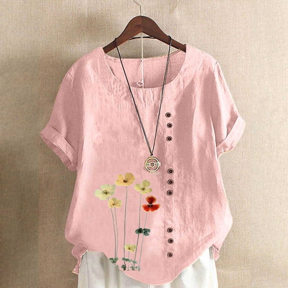 Vmvidoty Women's Soft Short Sleeve Tee Cotton Linen Vintage Print Top 2026 Women's Spring And Summer Round Neck Short Sleeve Casual Fashion Button T-Shirt Pink S