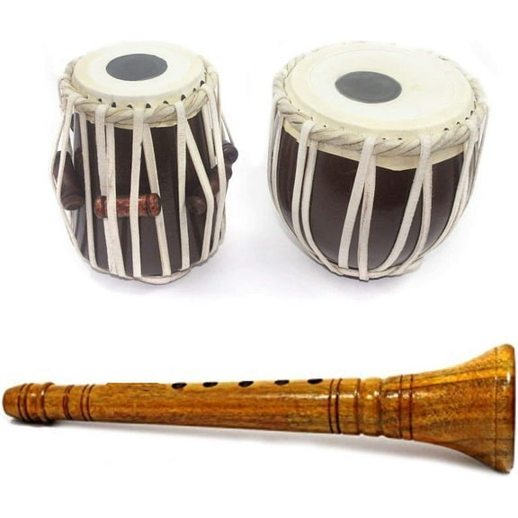India Meets India Handicraft Miniature Musical Instrumental Set - Clarinet 8.5" and Tabla Drum 7" [Mango Wood - BROWN & YELLOW] - for 5-6 yrs Kids/Home Décor-Best Gift Made By Awarded Indian Artisan