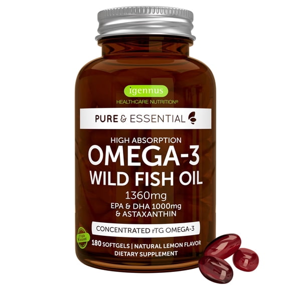 Igennus Ultra Pure Omega 3 Triglyceride rTG Wild Fish Oil 1360mg, IFOS Certified, EPA DHA 1000mg Plus Astaxanthin, Non-GMO, for Men & Women, 180 Softgels