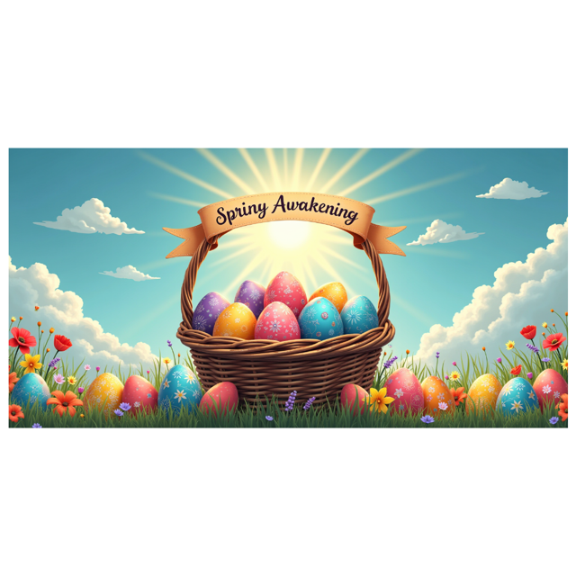 Spring Themed Yellow Ribbon Banner with Spring Awakening TextBasket of Colorful Flower Field Background Celebrations Gatherings and Family Photo Props