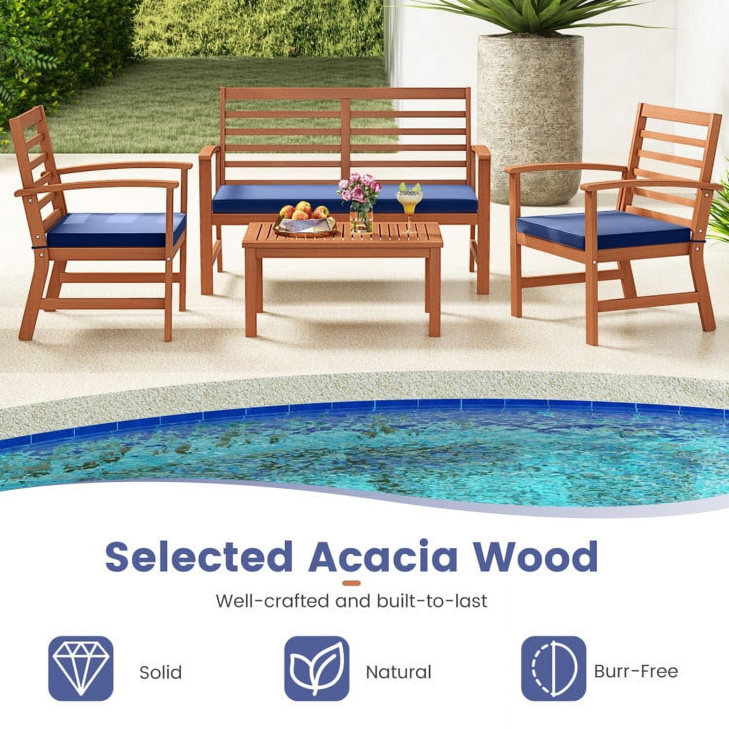 Aimee Lii 4 Pieces Outdoor Furniture Set with Stable Acacia Wood Frame, Patio Furniture Sets, Navy Aimee Lii 4 Pieces Outdoor Furniture Set with Stable Acacia Wood Frame, Patio Furniture Sets, Navy