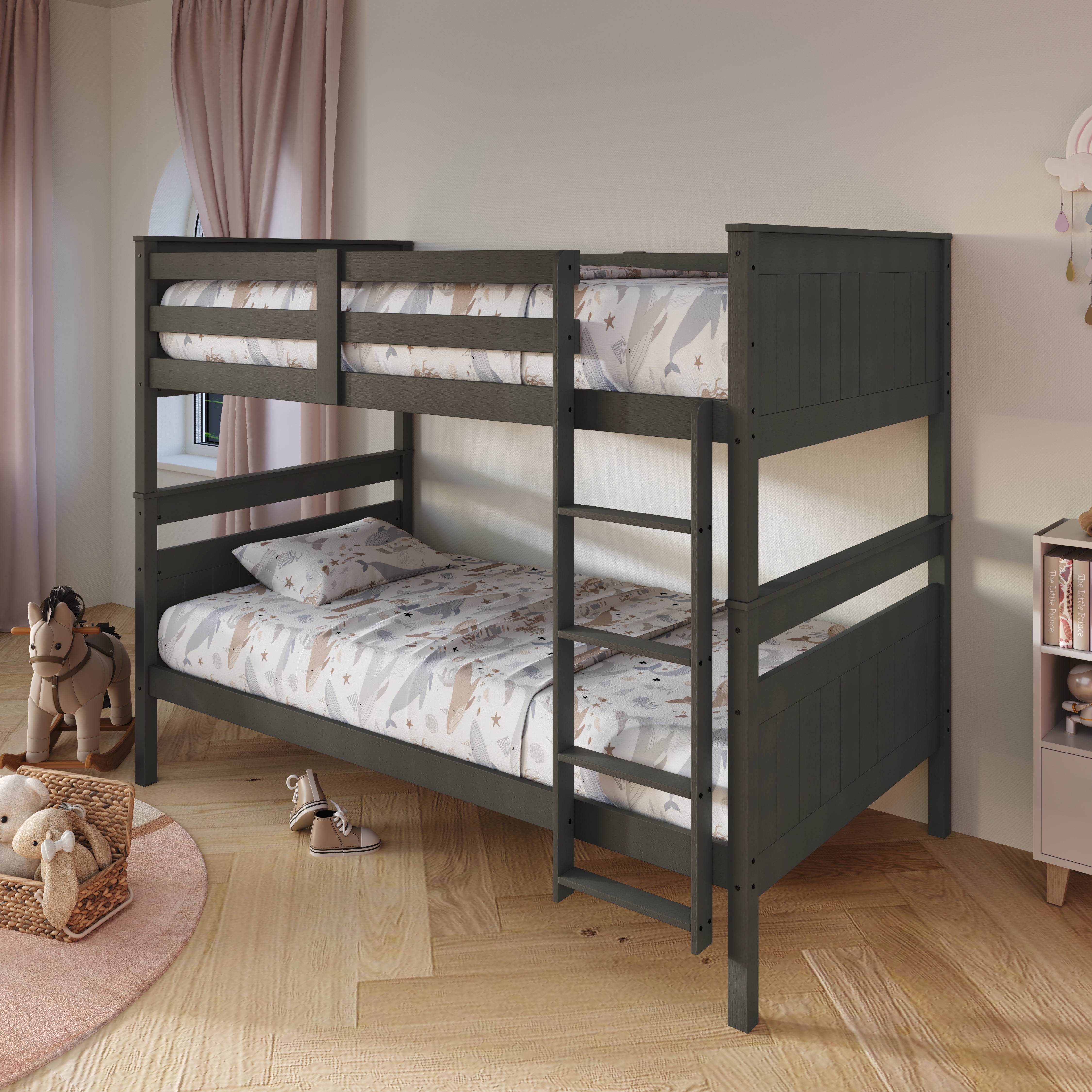 Home Design Lorain Twin Over Twin Solid Wood Bunk Bed with Sturdy Guardrails and Ladder, Dark Gray, Easy Assembly
