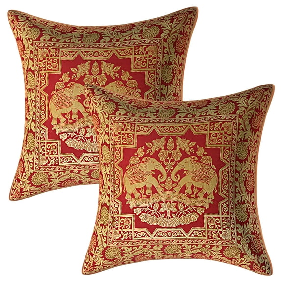 Stylo Culture Ethnic Couch Brocade Burgundy Maroon And Gold Throw Pillow Covers 16x16 Jacquard Weave Banarsi Accent Pillow Covers Elephant Floral 40x40 cm Decorative Cushion Covers (Set Of 2)