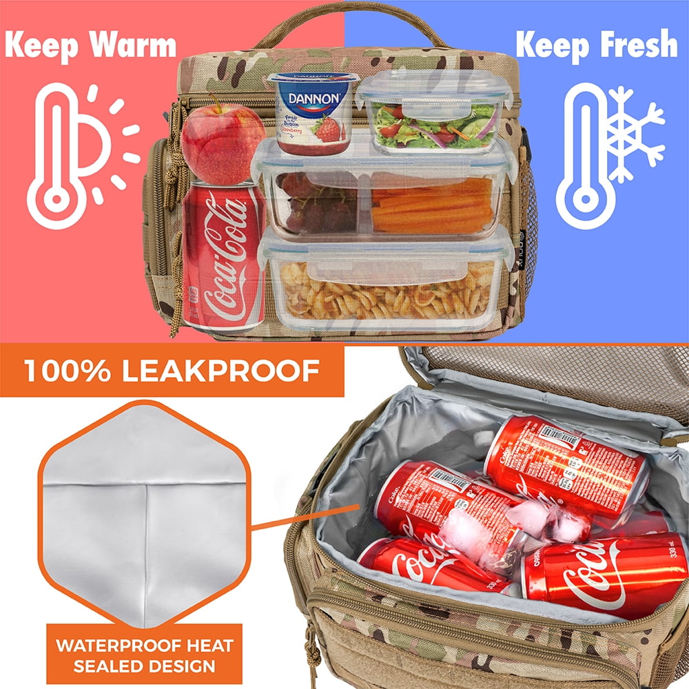 OPUX Tactical Lunch Box for Men, Camo Mens Insulated Lunch Bag for Adult, Leakproof Soft Lunch Cooler with MOLLE Mesh Side Pockets, Multicam Heavy Duty Lunchbox Pail for Work Women, Large, 18 Cans