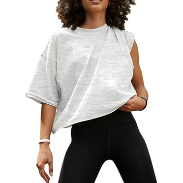 Kalolary Oversized Workout Shirts for Women, Short Sleeve Crop Tops, Casual Basic Cotton Athletic T-Shirts for Yoga, Running, and Everyday Wear