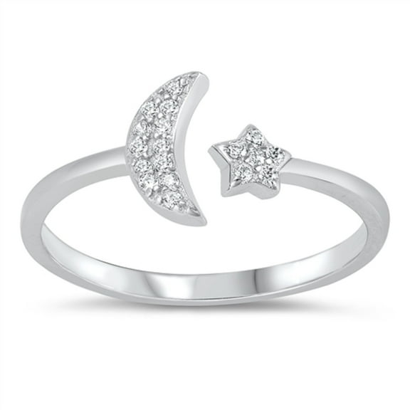 Clear CZ Moon And Star Open Ring Sterling Silver Size 8