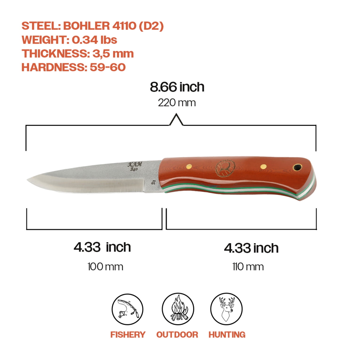 Kam Knife - B40 D2 Steel Red and Brown Handle Fixed Blade