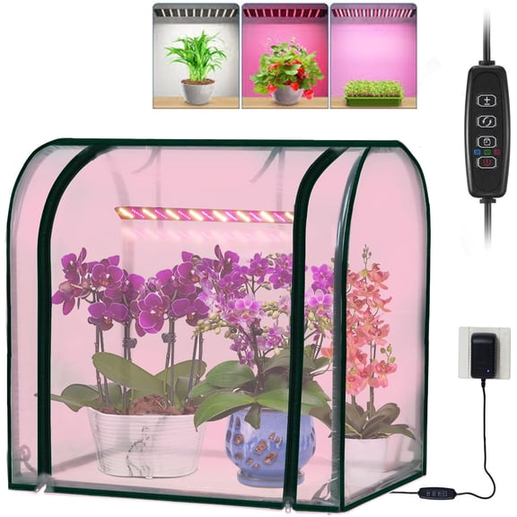 Mini Indoor Greenhouse with Grow Lights, 27.2" L X 19.9" W X 27.2" H Desktop Small Greenhouse with Zippered Door and PVC Cover for Seed Starting, 1.6FT Plant Light for Indoor Plants with Timer