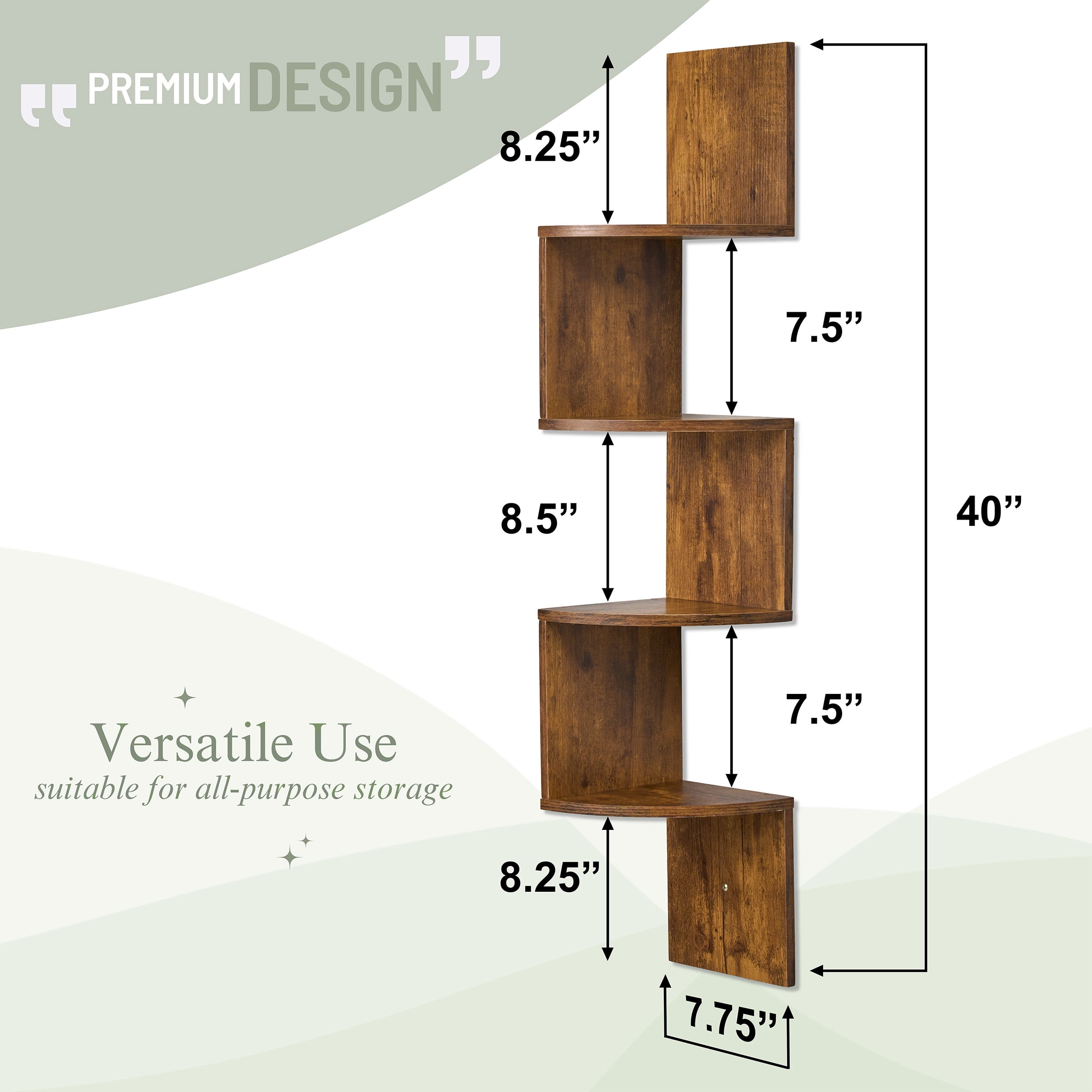 Sorbus 5-Tier Floating Corner Wall Shelf, Zigzag Bookshelf, Space-Saving Storage, Brown