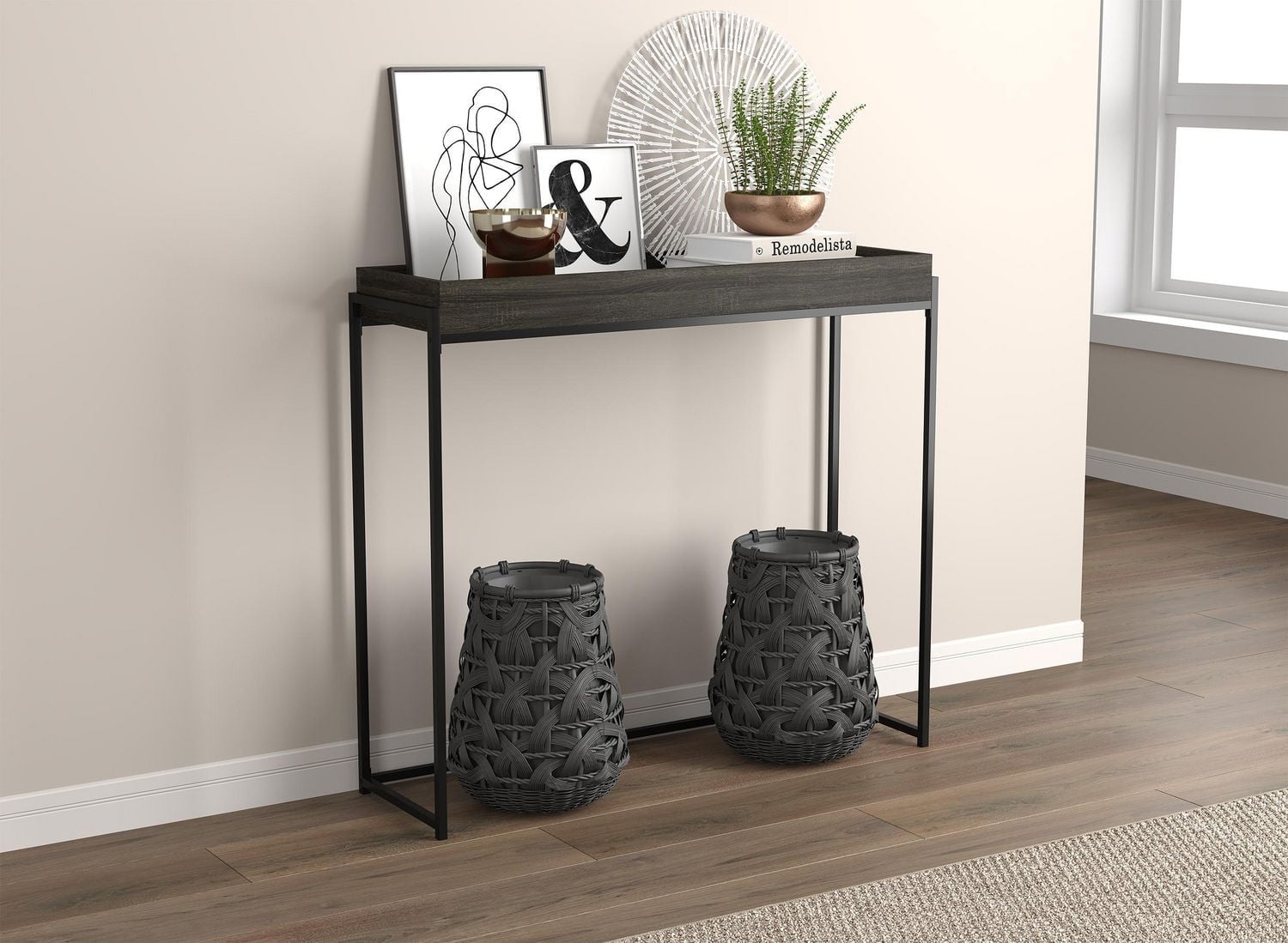 Safdie & Co. Console Table 35L Dark Grey Sunken Tray