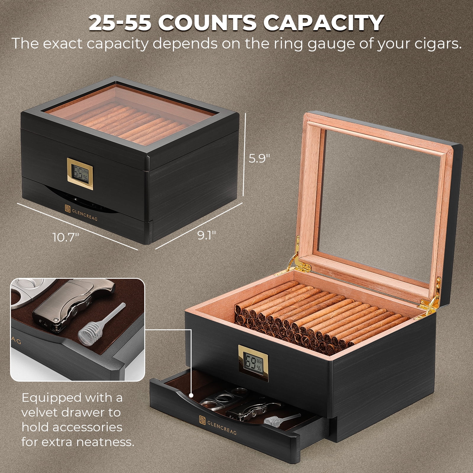 GLENCREAG MMT-3041 Cigar Humidor Box for 25 to 55 Counts, See-Through Design with Spanish Cedar Lining & Divider, Digital Hygrometer, Accessory Drawer & Humidifier, Gift for Cigar Aficionado (Ebony)