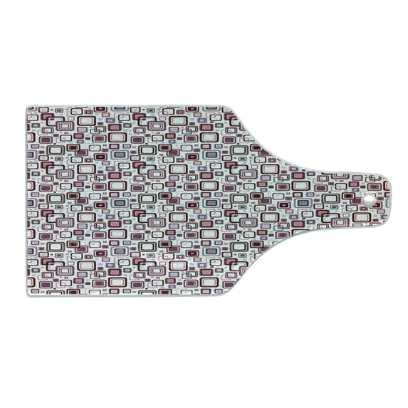 Geometric Cutting Board, Big Small Squares Retro Pattern Geometric Design, Decorative Tempered Glass Cutting and Serving Board, Wine Bottle Shape, Brown Purple Grey, by Ambesonne