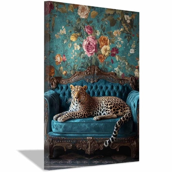 Mudket Framed Leopard on Teal Sofa Canvas Wall Art, Vintage Floral Leopard Print, Animal Wall Decor for Living Room Bedroom - 12"L x 8"W