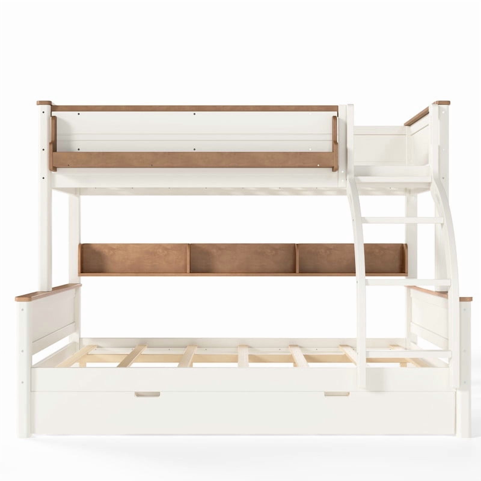 Twin-Over-Full Wooden Bunk Bed Frame with Trundle, Detachable Bed Convertible Into 2 Platform Beds, Kids Storage Bed with Shelf