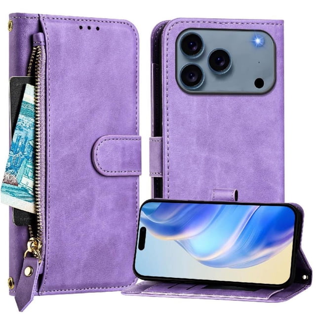 Zipper Wallet Case for iPhone 17 Pro Max with Card Slots & Wrist Strap, Flip Cover Stand Purple
