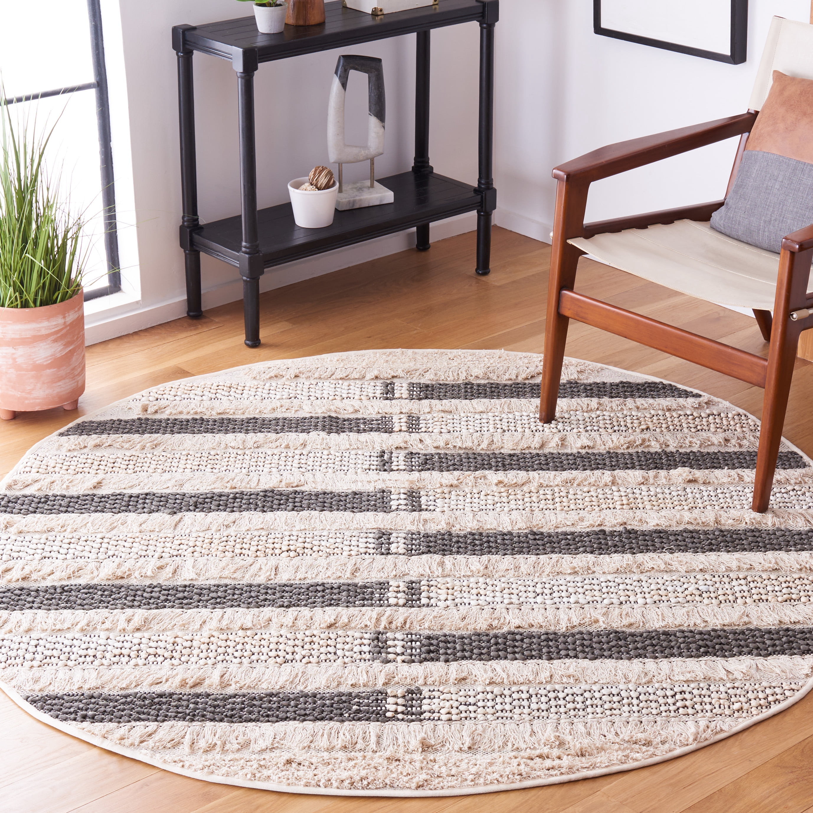 SAFAVIEH Natura Proinsias Striped Cotton Area Rug, Beige/Grey, 6' x 6' Round