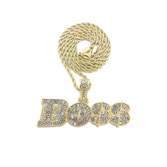 iJewelry2 Urban BOSS Script Pendant with Crystals Encrsuted Gold-tone Rope Chain Necklace