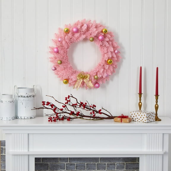 Nearly Natural 24" Pink Artificial Christmas Wreath with 35 LED Lights and Ornaments
