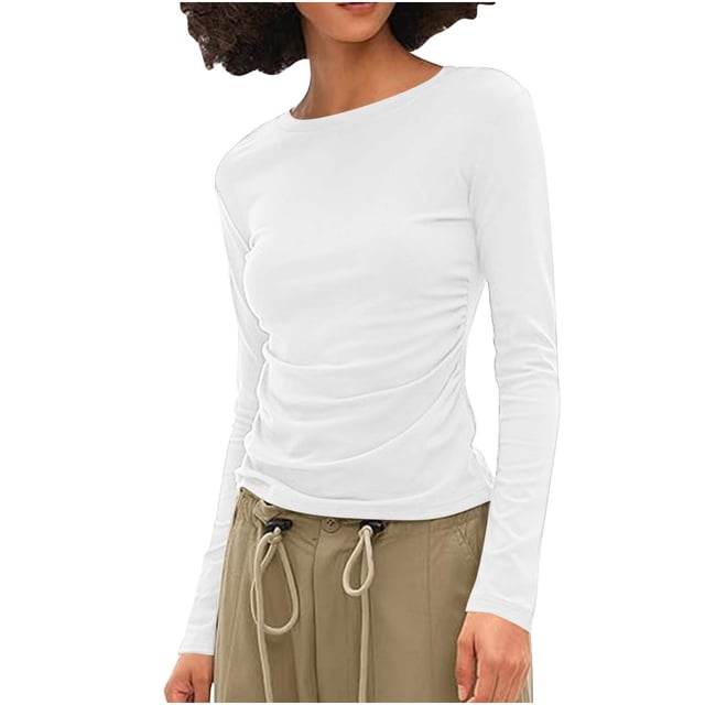 Timegard Womens Going out Tops Side Ruched Crewneck Slim Blouse Fall Casual Comfort Tops Basic Tee