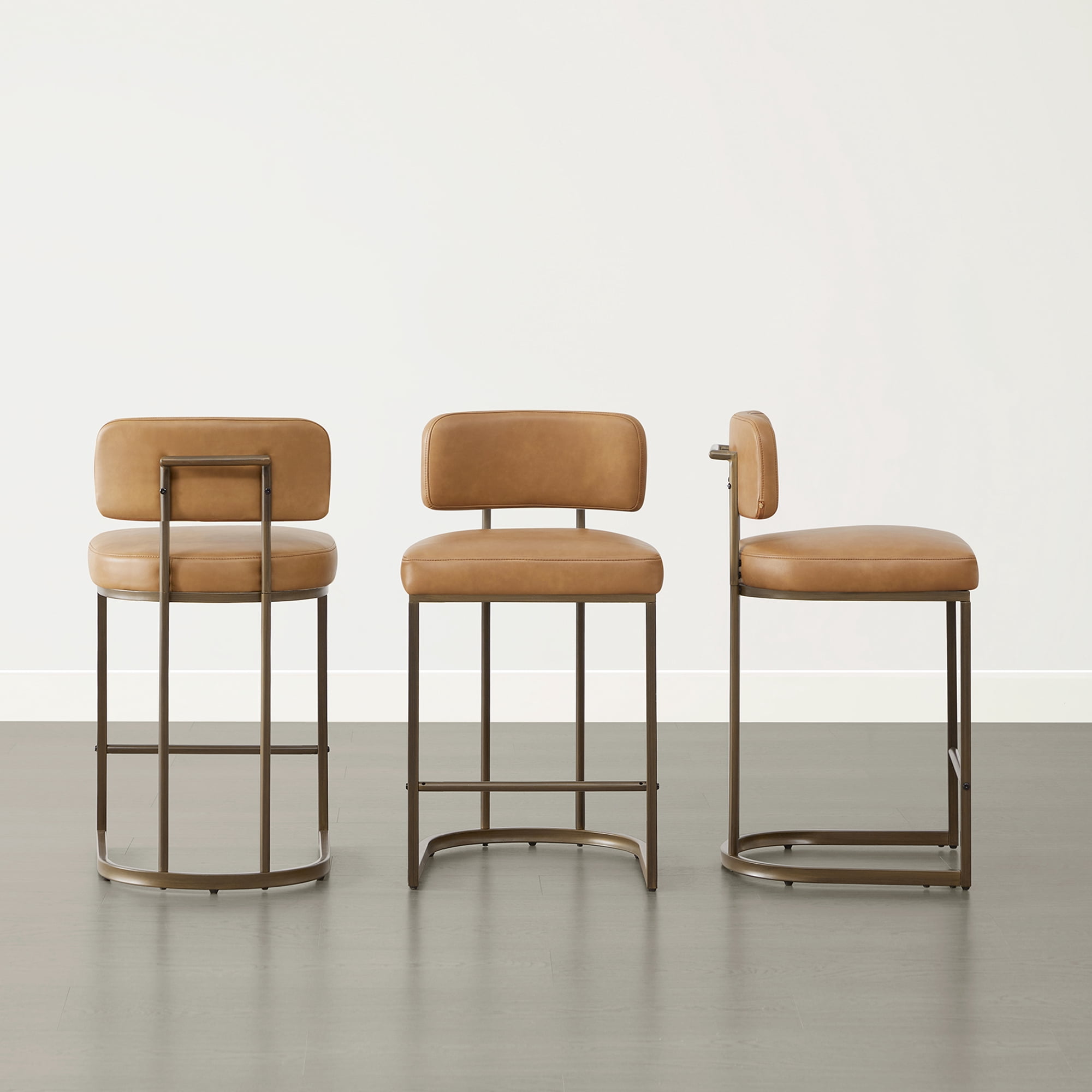 Spruce & Spring Modern 26-Inch Counter Bar Stool Set with Brass Frame Set of 2, Brown with Brass Frame
