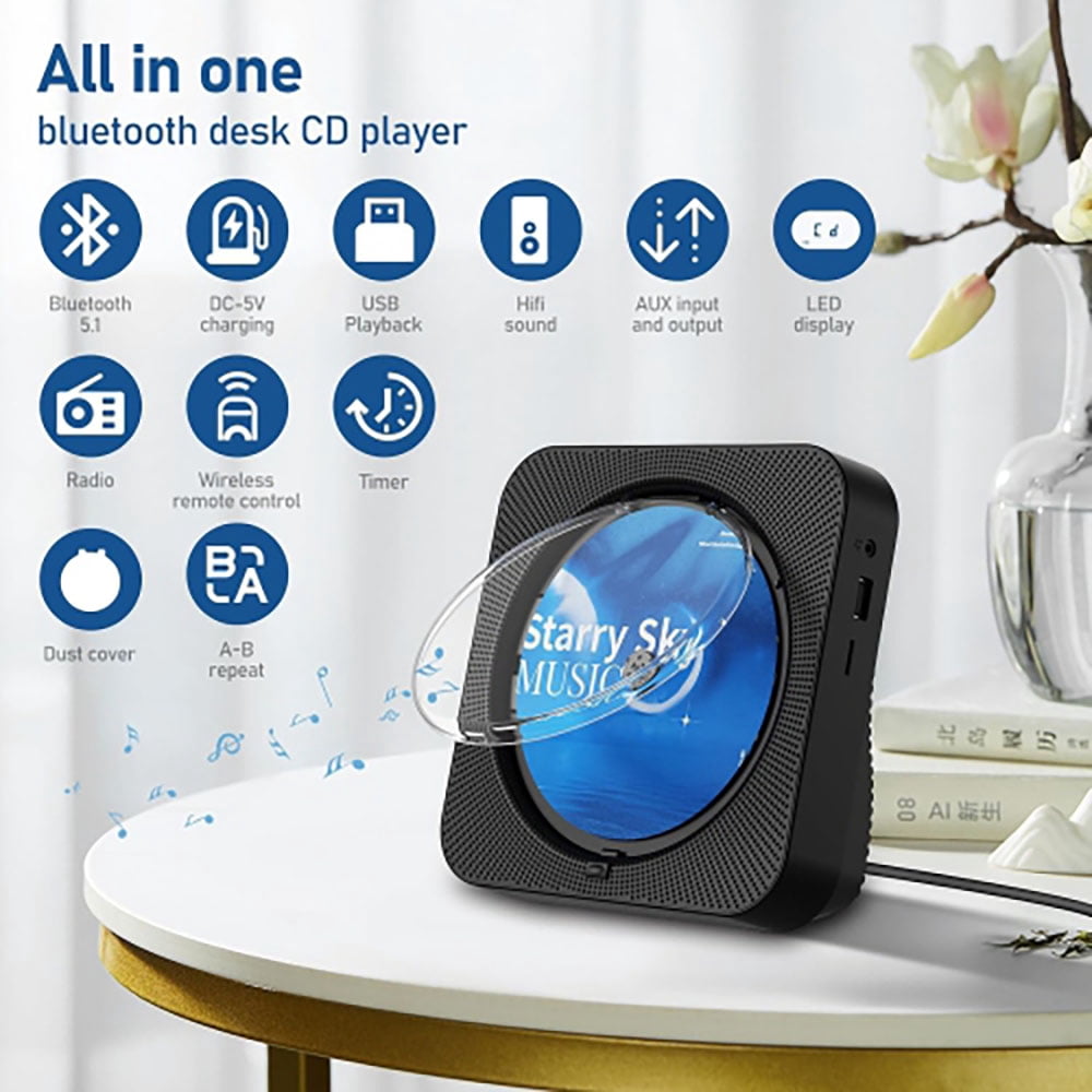 Nidemao Portable CD Player with Bluetooth Functionality; Home Desktop CD Player; Built-in High-Fidelity Speakers; Equipped with Remote Control, Dust Cover, LED Display; Home Audio System with FM Radi